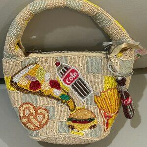 Food Pizza Burger Coke Fries Hotdog Beaded Bag Handcrafted in India NWT Viral